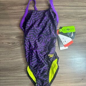 Speedo One Piece Swimsuit Purple Black Print Neon Yellow Lining Size 7/8 NWT